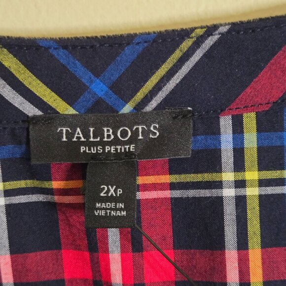 Talbots NWOT Split Neck Tunic Cabin Plaid Velvet Trim 100% Cotton Size 2Xp - Picture 6 of 7